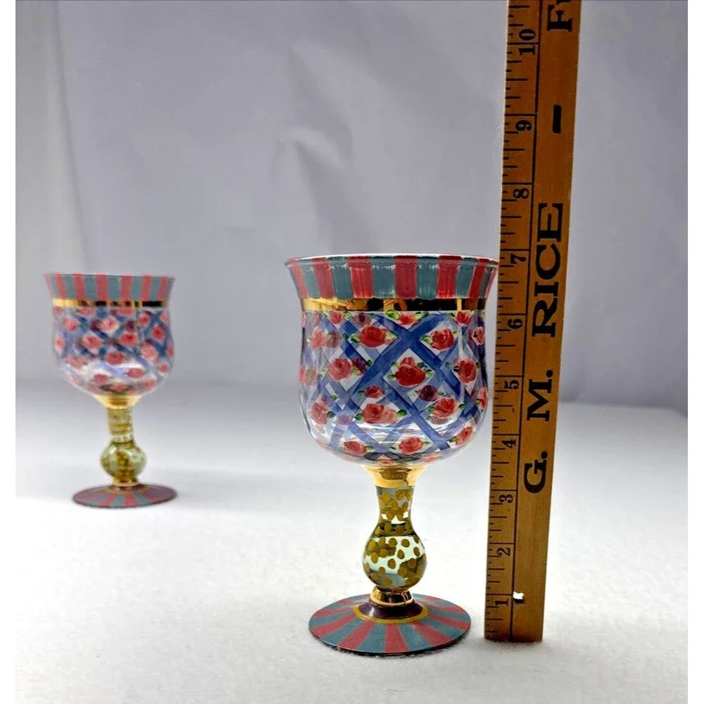 MacKenzie Childs Circus Rose Arbor Tall Water Goblets Pair Retired Vintage